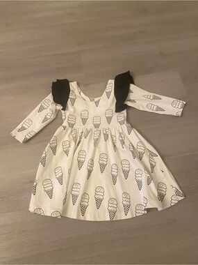 Girls Cream Ice Cream Print Dress with Black Ruffle Shoulders